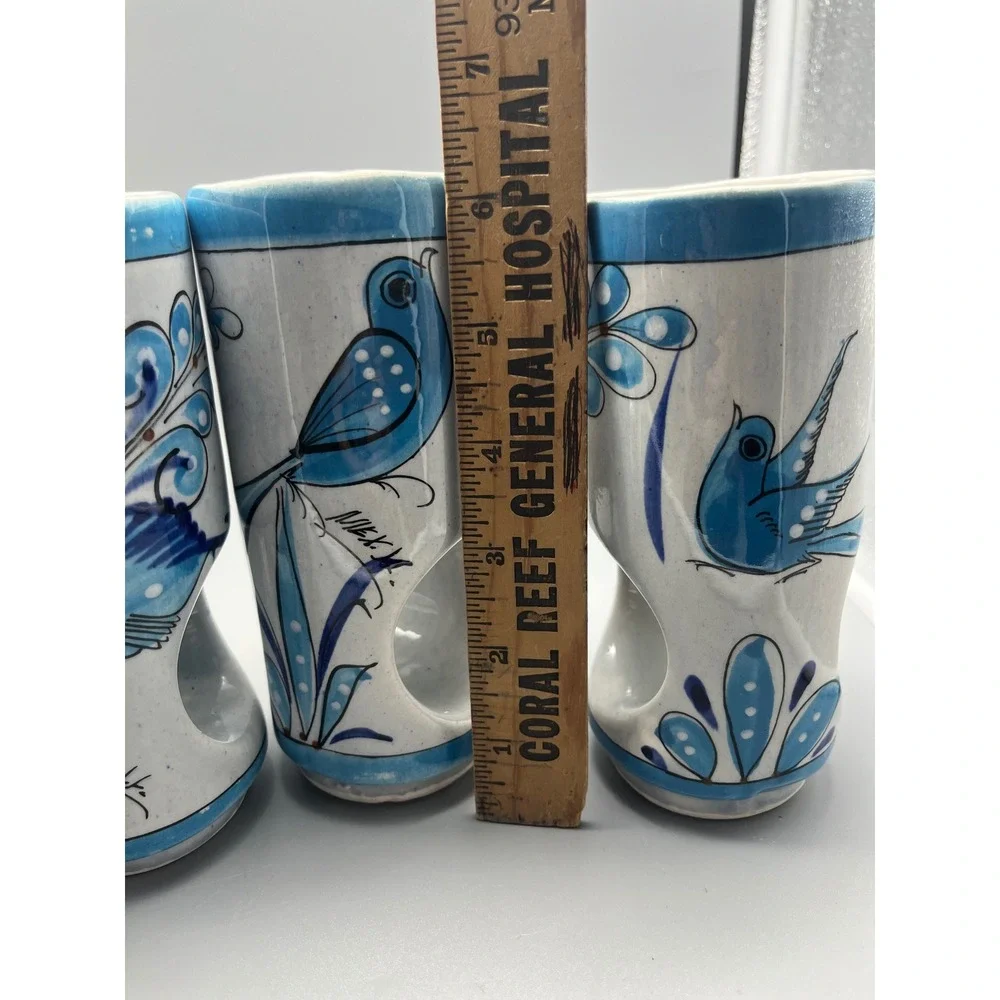 4 Tonala Pierced Tumblers Blue Bird , Flowers Hand Painted Vtg Mexico‎ Pottery
